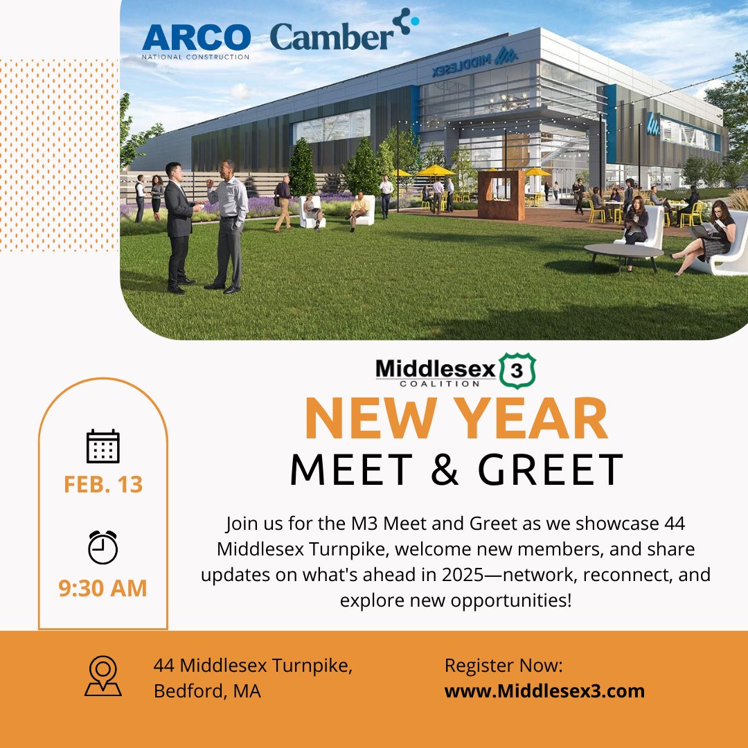 Join us on Thursday, February 13th, 2025, from 9:30 AM to 11:00 AM at 44 Middlesex Turnpike, Bedford, MA, for the M3 Meet and Greet! Enjoy networking, introductions, and a property tour while building valuable connections!

Register today at middlesex3.com/upcoming-event…!