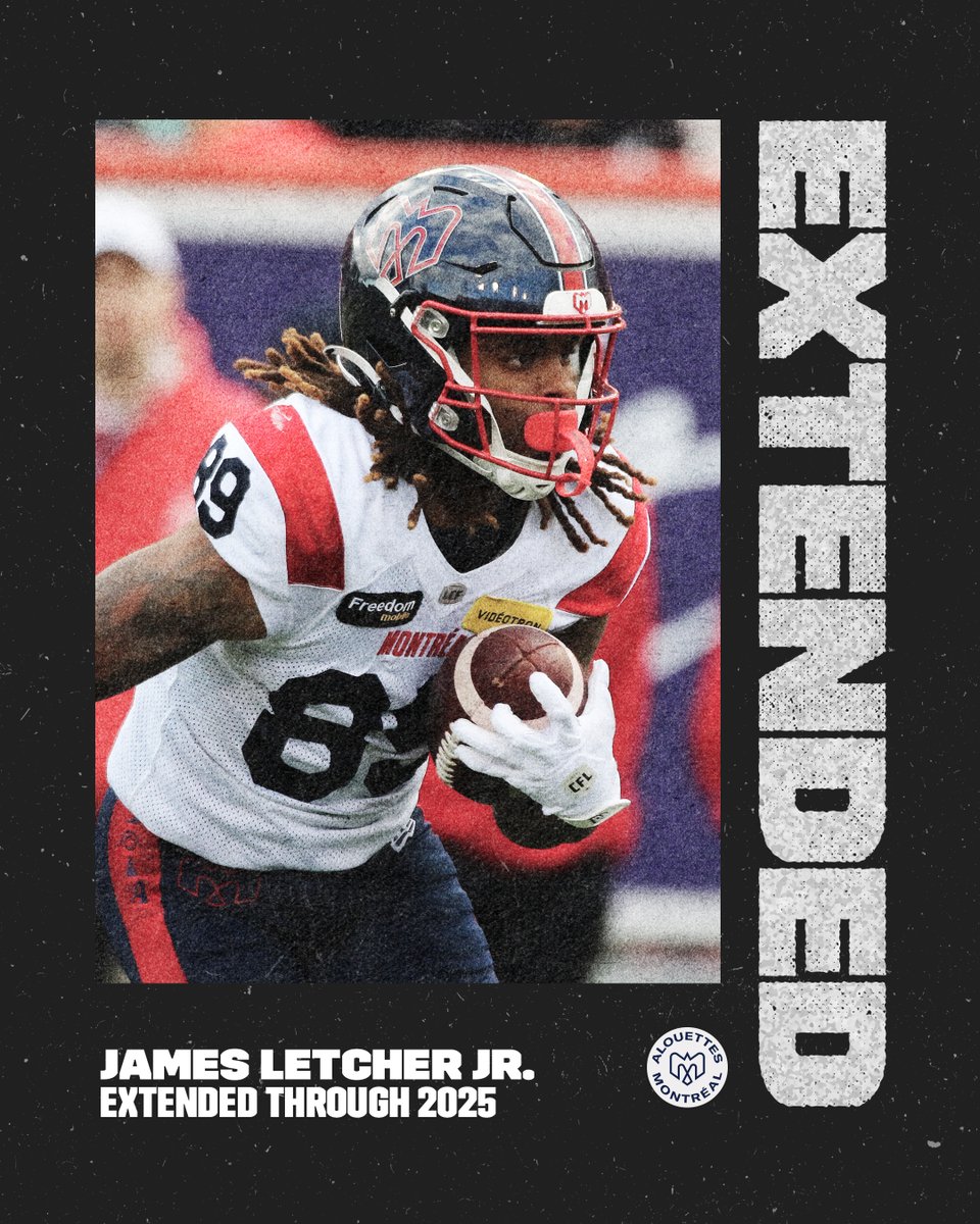 CFL's tweet photo. LETCHER JR. IS STAYING IN MTL! 🔒

The Alouettes have reached a one-year agreement with James Letcher Jr.

🗞️: https://t.co/4lCR4ZrhYC

#CFL https://t.co/GGT20v4Fen