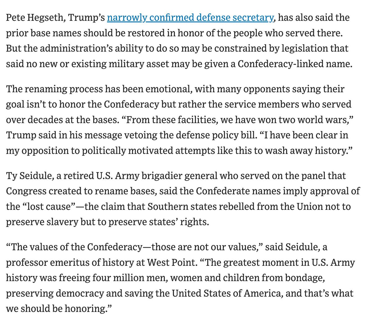 Keep the new army base names of true American heroes who fought for our great country. Not Confederates who chose treason to preserve slavery. 
wsj.com/politics/donal…