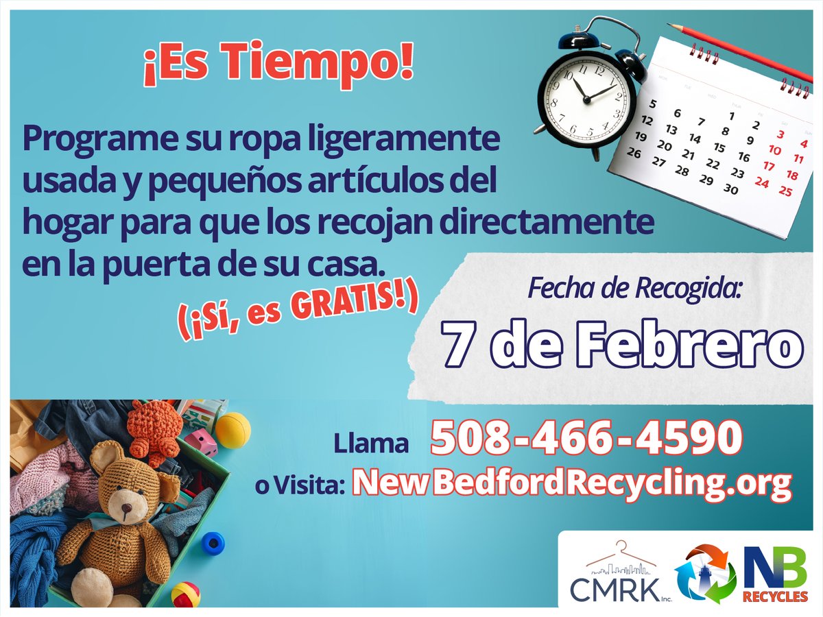 New Bedford residents can schedule an appointment to have gently used clothing &amp; small household items picked up at their front doors! Next pickup date: February 7th. Schedule a free home pickup by calling (508) 466-4590 or by visiting donation-form.donatene.org/?code=cmrk.