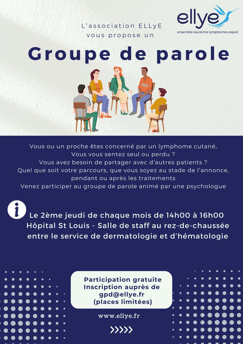 📢 Lymphome cutané – Besoin d’échanger avec d’autres patients ?
💬Rejoignez notre groupe de parole animé par une psychologue.
📅 Chaque 2ᵉ jeudi du mois, 14h-16h
📍 <a href="/HopSaintLouis/">Hôpital Saint-Louis AP-HP</a>
📩 Inscription (places limitées) : gdp@ellye.fr
#LymphomeCutané #Soutien #Écoute #Hématologie