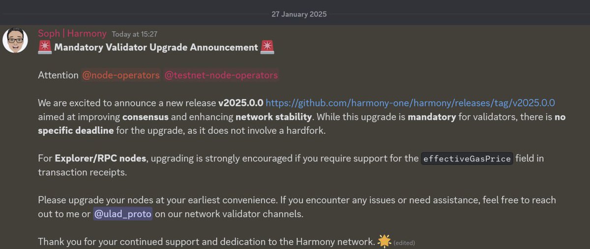 🚨Mandatory Validator Upgrade Announcement 🚨

We are excited to announce a new release v2025.0.0 github.com/harmony-one/ha… aimed at improving consensus and enhancing network stability. While this upgrade is mandatory for validators, there is no specific deadline for the upgrade,