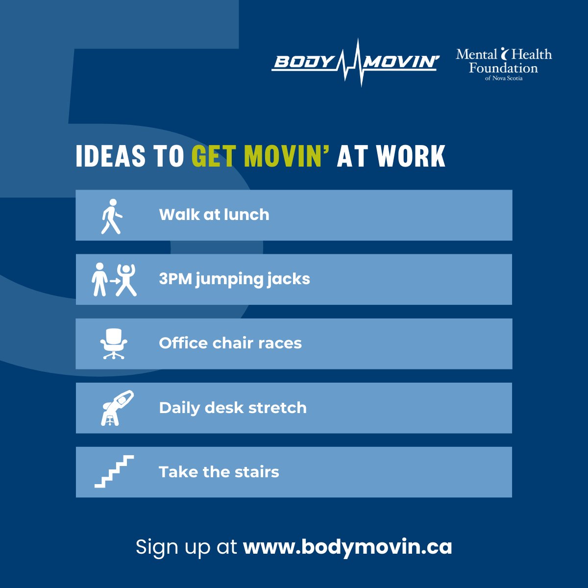 Love to see Body Movin’ already bringing employees together across NS in support of mental health. With February just around the corner, now's the time to form a team in your workplace — there’s strength in numbers!

Rally your coworkers and sign up at bodymovin.ca