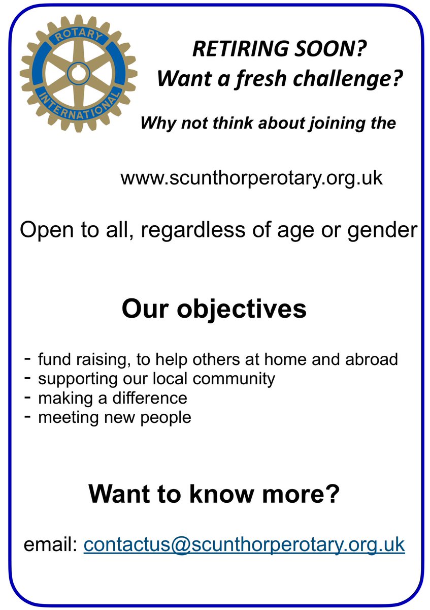 Scunthorpe Rotary (@rcofscunthorpe) on Twitter photo Our Club is increasingly gaining new members among the recently retired. If you’re coming up for retirement contact us and see what we can offer to help you fill your time and give something back to the local community… <a href="/TheBNSthHumber/">BusinessNetworkSthH</a> <a href="/HumberBizEd/">Humber Business</a> <a href="/PActivitiesNL/">Positive Activities North Lincolnshire</a> <a href="/LincsConnect/">#LincsConnect</a> Our Club is increasingly gaining new members among the recently retired. If you’re coming up for retirement contact us and see what we can offer to help you fill your time and give something back to the local community… <a href="/TheBNSthHumber/">BusinessNetworkSthH</a> <a href="/HumberBizEd/">Humber Business</a> <a href="/PActivitiesNL/">Positive Activities North Lincolnshire</a> <a href="/LincsConnect/">#LincsConnect</a>