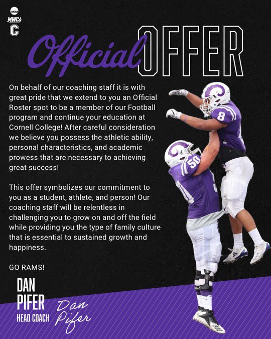 HaydenJackson72's tweet photo. After talking to @CoachJWomochil I am thankful to receive an offer to play at Cornell college! @CornellRamsFB @CoachHauptmann @LisbonLionFB https://t.co/5J8f23tLzX