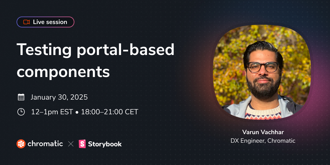 chromaticcom's tweet photo. Join us this Thursday for a live session on visual testing portal-based components—modals, tooltips &amp; popovers.

You’ll learn how to write reliable visual tests that properly capture portal components and avoid cut-off snapshots.

👉 Register to attend: https://t.co/6KbEnHgW5P https://t.co/kBSD2hVPVA
