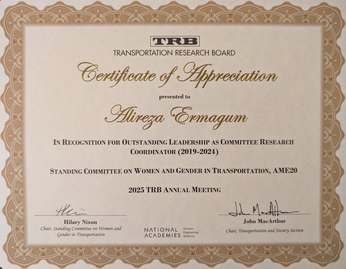 Alireza Ermagun (@aermagun) on Twitter photo Time flies when you do what you love! Grateful for six transformative years with the <a href="/NASEMTRB/">TRB</a> Women and Gender in Transportation (AME20) committee, my first TRB "home." I look forward to AME20's continued growth and impact.
<a href="/GMU_COS/">College of Science</a> <a href="/MasonResearch/">Mason Research</a> Time flies when you do what you love! Grateful for six transformative years with the <a href="/NASEMTRB/">TRB</a> Women and Gender in Transportation (AME20) committee, my first TRB "home." I look forward to AME20's continued growth and impact.
<a href="/GMU_COS/">College of Science</a> <a href="/MasonResearch/">Mason Research</a>