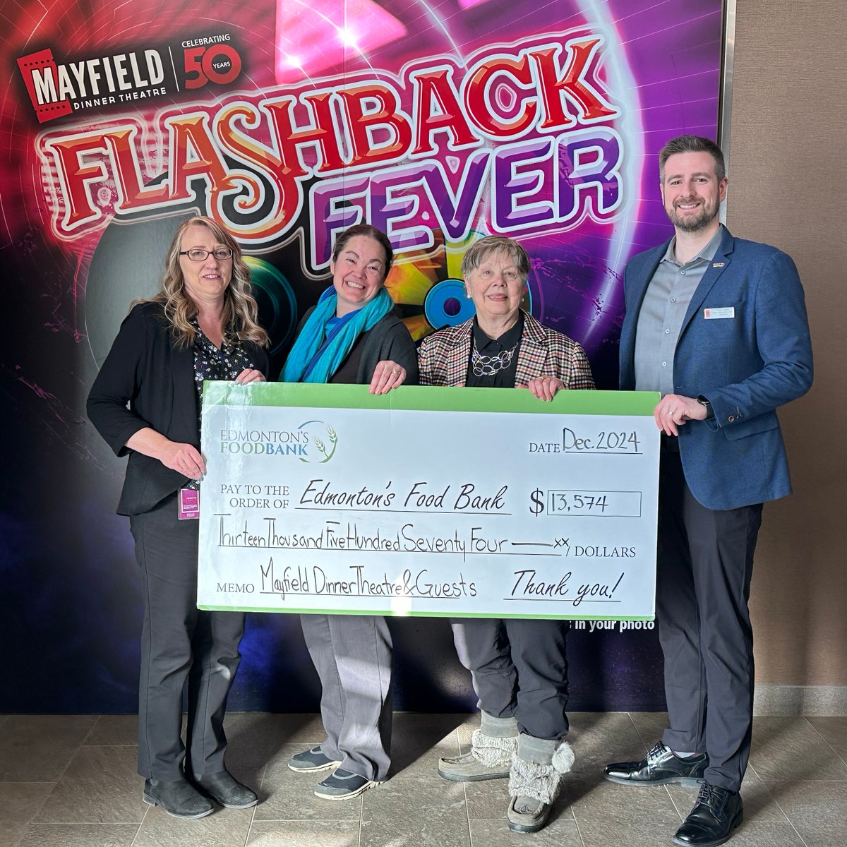 THANK YOU to our friends at the <a href="/MayfieldTheatre/">Mayfield Theatre</a> for helping the Food Bank again through their Holiday Helpings initiative! 

Donations were collected throughout December at the end of each performance of Flashback Fever and forwarded to Edmonton's Food Bank!