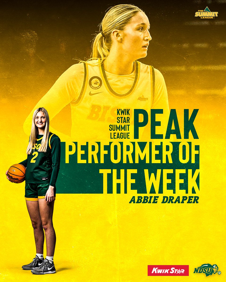 NDSU Women's Basketball (@ndsuwbb) on Twitter photo For the first time in her career, <a href="/abbie__draper/">Abbie Draper</a> is the Kwik Star <a href="/TheSummitLeague/">The Summit League</a> Peak Performer of the Week!
๐ฐ: gobison.info/40vsGoN For the first time in her career, <a href="/abbie__draper/">Abbie Draper</a> is the Kwik Star <a href="/TheSummitLeague/">The Summit League</a> Peak Performer of the Week!
๐ฐ: gobison.info/40vsGoN