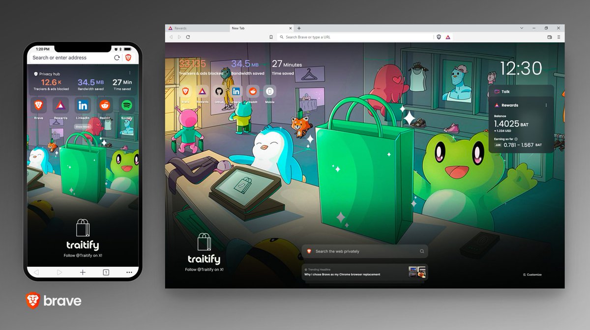 traitifyX's tweet image. In collaboration with @Brave here&apos;s a sneak peek of our Brave Browser takeover 👀

Earn $BAT tokens when you see Traitify featured Ads.

Learn more about redeeming tokens for rewards brave.com/brave-rewards