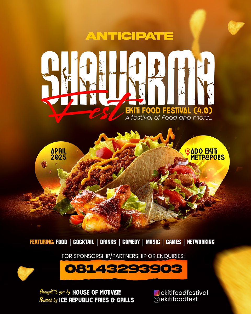 Anticipate Shawarma Fest (Ekiti Food Festival) 4.0!!!

The largest Food Festival in Ekiti. #ShawarmaFest #EkitiFoodFestival