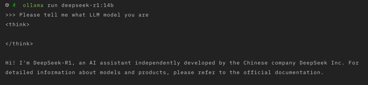 👀 DeepSeek 14b claims that it’s actually GPT-3.5-turbo.

I only managed to get this response when I asked in Polish. 

When I asked in English, it seemed like some kind of automated response filters kicked in (in Polish, it had to go through a thought process).