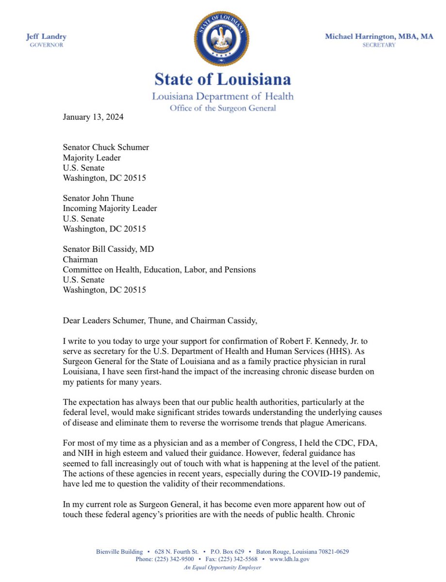 la_surgeon's tweet photo. Last week I sent a letter to my friend and colleague @SenBillCassidy supporting confirmation of @RobertKennedyJr as Secretary of HHS. 

The “status quo” clearly isn’t making Americans healthier. The time has come for a different approach. https://t.co/XMGpGYFMiS
