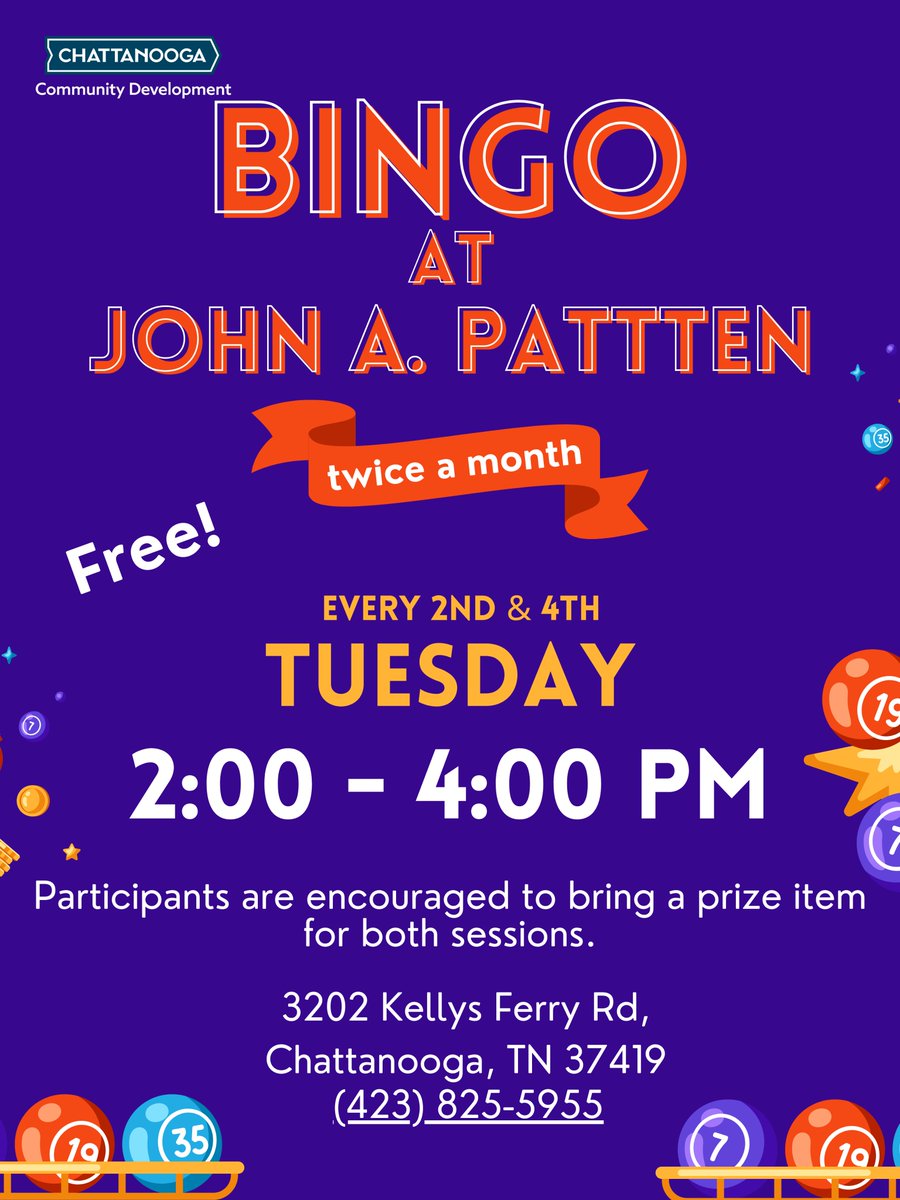 Chatt_CommDev's tweet image. Join in on the friendly competition at John A. Patten Community Center!
#GameNights #Bingo #BoardGames