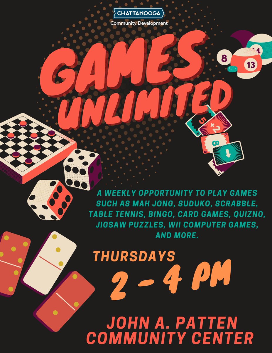 Chatt_CommDev's tweet image. Join in on the friendly competition at John A. Patten Community Center!
#GameNights #Bingo #BoardGames