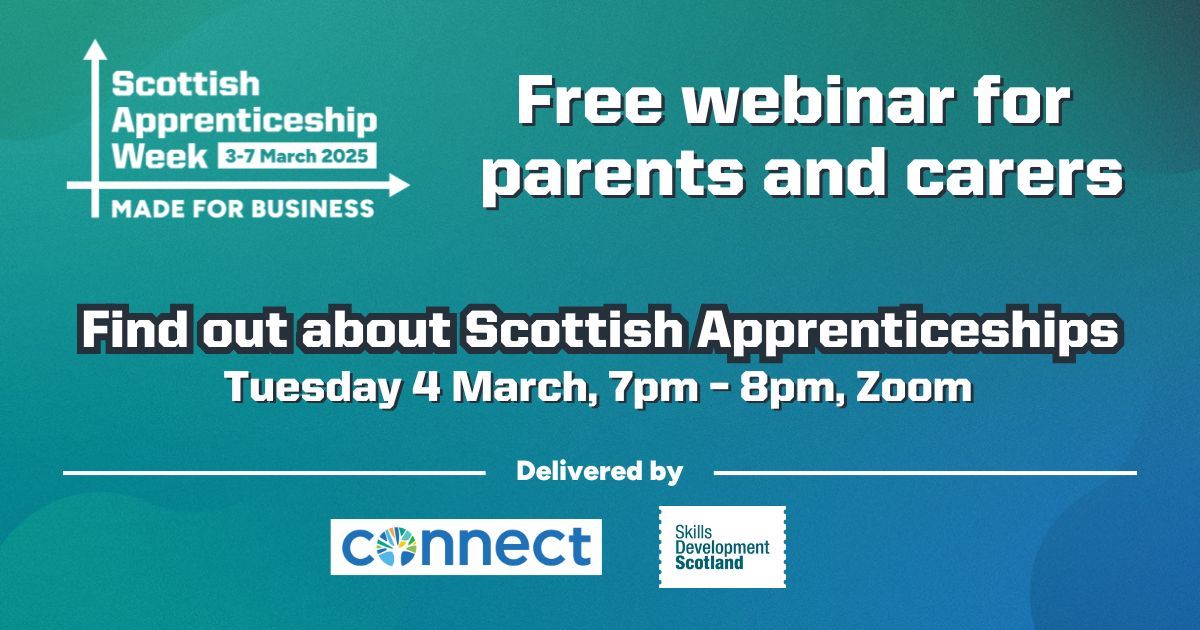 DYW West (@dywwest) on Twitter photo <a href="/skillsdevscot/">Skills Development Scotland</a> & <a href="/connect_scot/">connect_scot</a> are holding a free webinar for parents and carers to find out more about Scottish Apprenticeships, on 4th March at 7pm.
Register 👉 buff.ly/3WnGVuv
#ScotAppWeek25 | #Apprenticeships <a href="/skillsdevscot/">Skills Development Scotland</a> & <a href="/connect_scot/">connect_scot</a> are holding a free webinar for parents and carers to find out more about Scottish Apprenticeships, on 4th March at 7pm.
Register 👉 buff.ly/3WnGVuv
#ScotAppWeek25 | #Apprenticeships