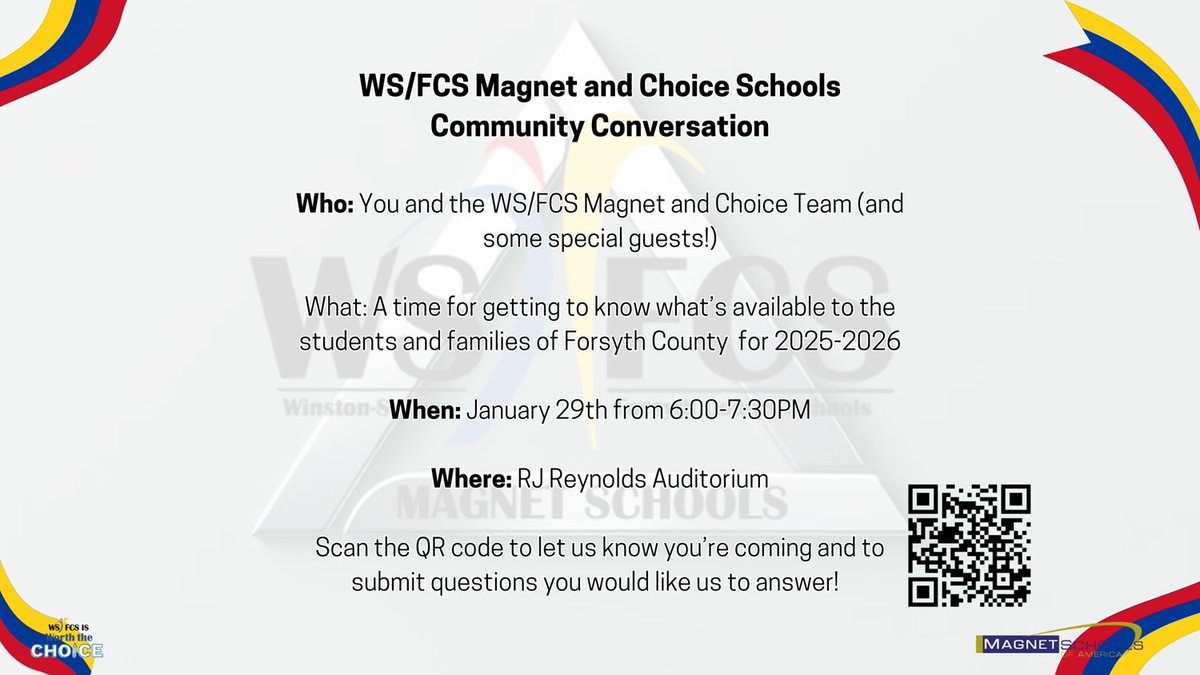 wsfcs's tweet photo. 🏫 Explore WS/FCS Magnet &amp; Choice Schools at our Community Conversation this Wednesday, January 29, 6-7:30 PM at R.J. Reynolds Auditorium! Your child’s future starts here—register now: https://t.co/h57T63R5yf  #WSFCSChoice #WSFCS https://t.co/oaWlYOxzvj