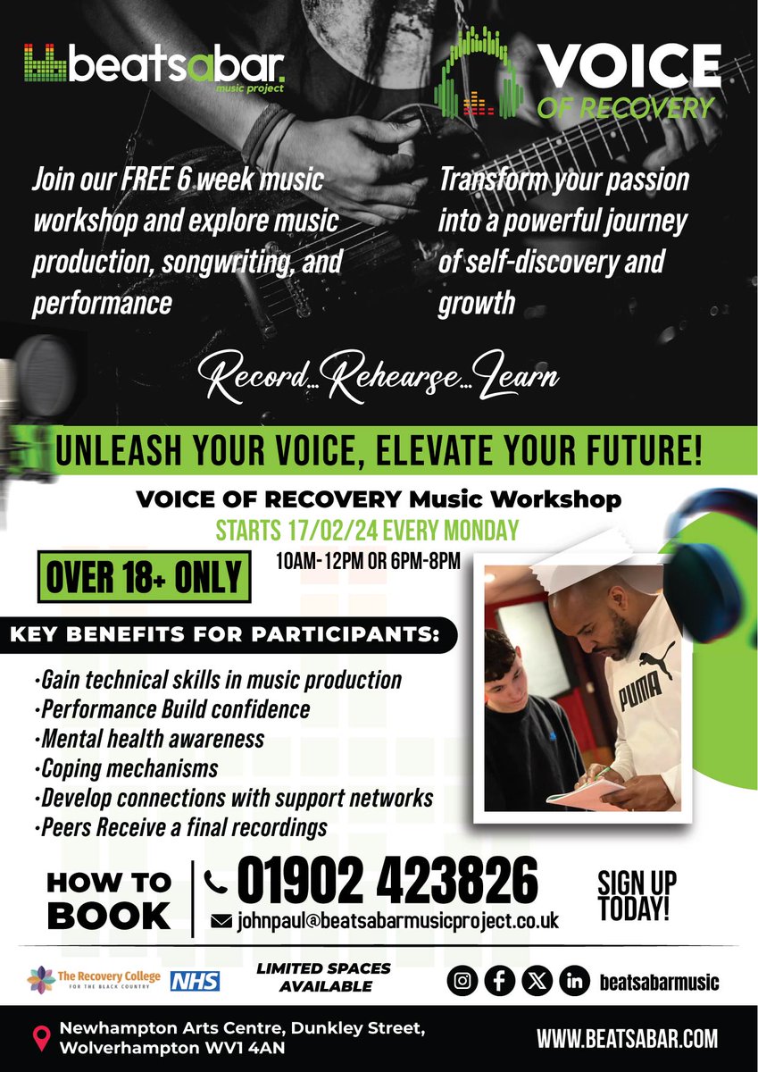 📷 New Project Alert! 📷
📷 Voices of Recovery is launching this February – a FREE #musicworkshop designed for young men (18+) in #Wolverhampton and the Black Country!
Sign up today! 
To register, visit eequ.org/.../voices-of-….
#VoicesOfRecovery #Mentalhealth #NHS