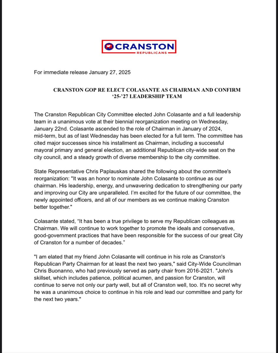 CranstonGOP's tweet photo. @FitzProv Full release posted below: https://t.co/h430uWyZ3f