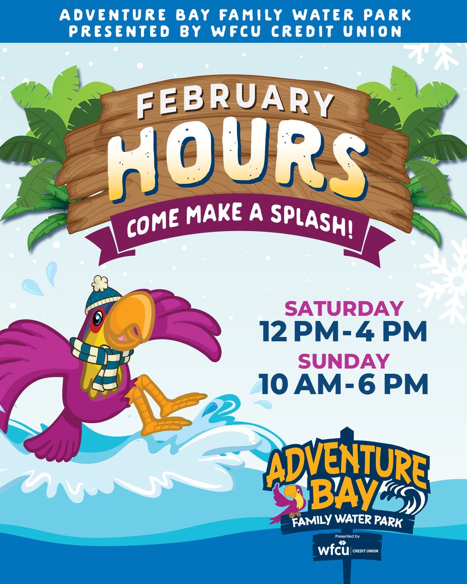 Super Saturdays are coming in February when we will be open from 12 - 4 pm. Admission is $14.50 for Windsor residents and $17 for non-residents. Sundays will be 10 - 6 pm with our regular admission. Get out of the cold and come visit us at the Bay where it is always Summer!