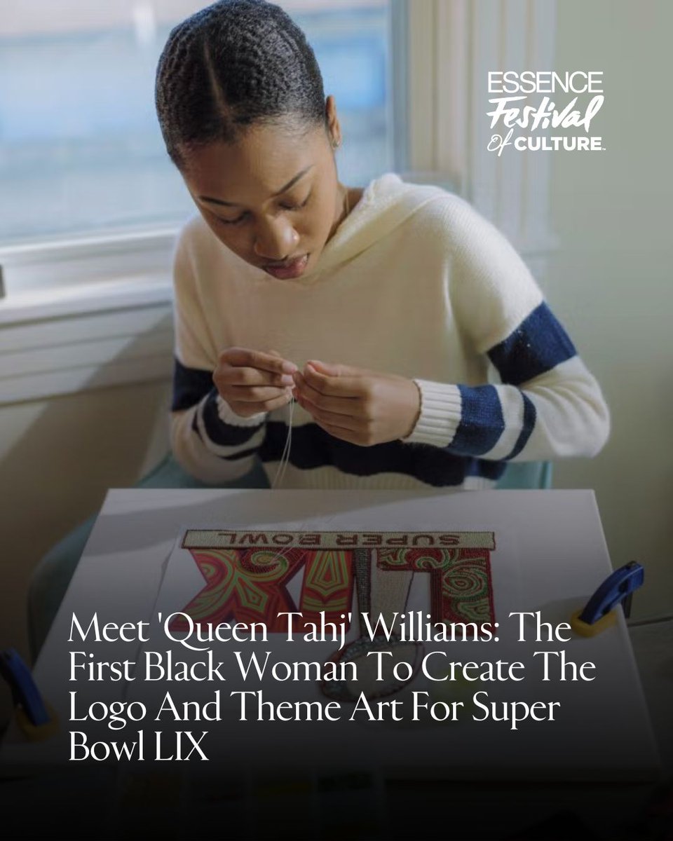 essencefest's tweet photo. New Orleans artist Tahj "Queen Tahj" Williams is the first Black woman to design the Super Bowl logo and theme art for Super Bowl LIX. Her intricate beadwork honors the Black Masking tradition, celebrating the rich cultural heritage of New Orleans on football's biggest stage. https://t.co/mO31S9qbdb