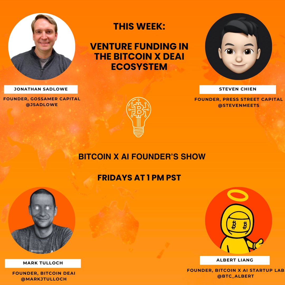 ₿itcoin Ai Startup Lab (@btcstartuplab) on Twitter photo The Bitcoin x Ai Founder's Show will be back this week!
Join us with <a href="/gossamercap/">Gossamer Capital</a> founder <a href="/jsadlowe/">Jonathan Sadlowe</a> and <a href="/PressStartCap/">Press Start Capital 👉🎮</a> founder <a href="/stevenmeets/">Steven Meets 👉🎮</a> for a discussion on venture funding in the Bitcoin x DeAi space!
Set a reminder now:
X-spaces link:
x.com/i/spaces/1YpKk… The Bitcoin x Ai Founder's Show will be back this week!
Join us with <a href="/gossamercap/">Gossamer Capital</a> founder <a href="/jsadlowe/">Jonathan Sadlowe</a> and <a href="/PressStartCap/">Press Start Capital 👉🎮</a> founder <a href="/stevenmeets/">Steven Meets 👉🎮</a> for a discussion on venture funding in the Bitcoin x DeAi space!
Set a reminder now:
X-spaces link:
x.com/i/spaces/1YpKk…