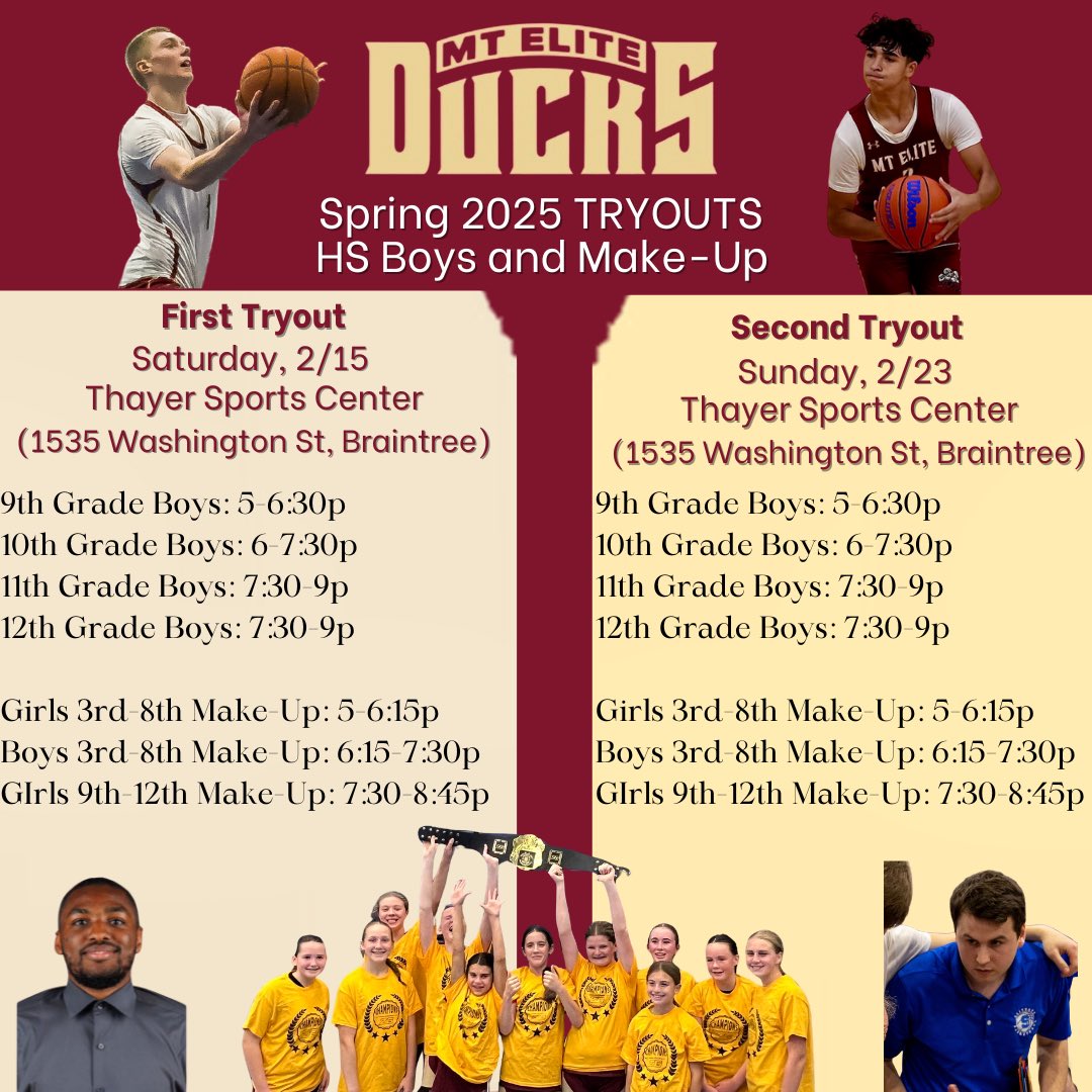 MTEliteDucks's tweet photo. Ducks HS Boys and make-up tryouts announced! 

Tryouts for Boys 9th-12th and make-up tryouts for boys 3rd-8th and girls 3rd-12th will be February 15th and 23rd at Thayer Sports Center! 

Register: https://t.co/q6sP3UVZL8

#MTEDFamily #37thSeason #WhereQualityMatters https://t.co/8qhiQpvjBf