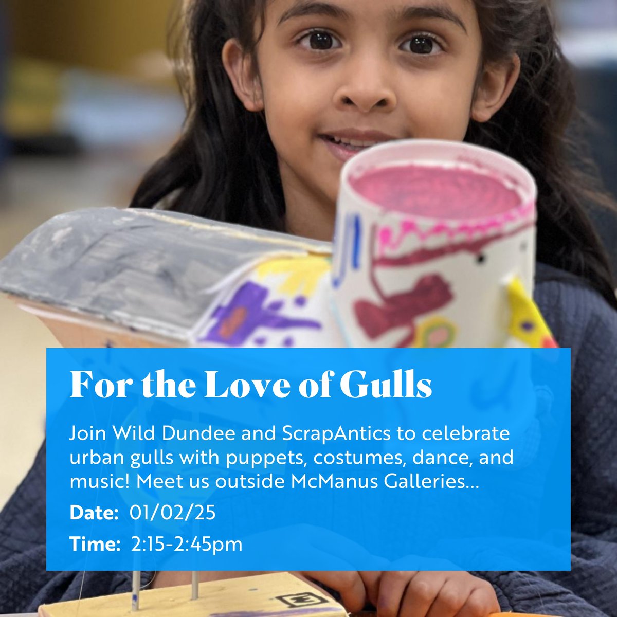 ScrapAntics CIC (@scrapantics) on Twitter photo For the Love of Gulls – Join the Celebration! 🥳
#WildDundeeand & ScrapAntics have been getting creative, exploring the fascinating world of Dundee’s urban gulls!
1rst February
2:15–2:45 PM
Outside the <a href="/McManusDundee/">The McManus</a>
Celebrate our city’s wildlife and join the fun! For the Love of Gulls – Join the Celebration! 🥳
#WildDundeeand & ScrapAntics have been getting creative, exploring the fascinating world of Dundee’s urban gulls!
1rst February
2:15–2:45 PM
Outside the <a href="/McManusDundee/">The McManus</a>
Celebrate our city’s wildlife and join the fun!