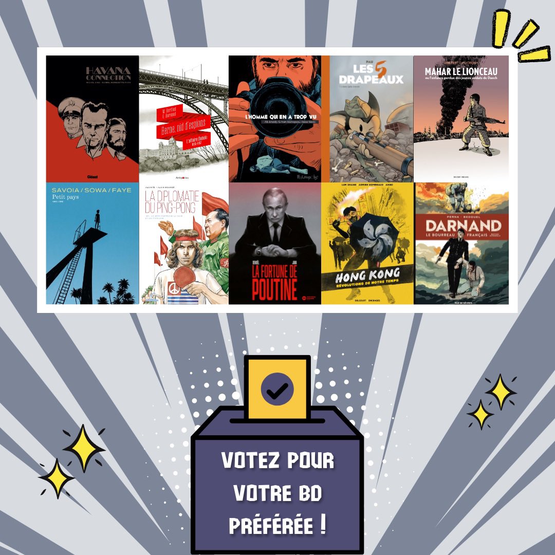 📚Prix de la BD📚

Votez pour votre bande dessinée préférée! ✨

🗳️Pour voter, c’est simple ! Dès aujourd’hui et pendant toute la semaine, les élèves participant au prix Géopoli’bulles voteront pour leur BD préférée au sein de chaque établissement! ✍🏻