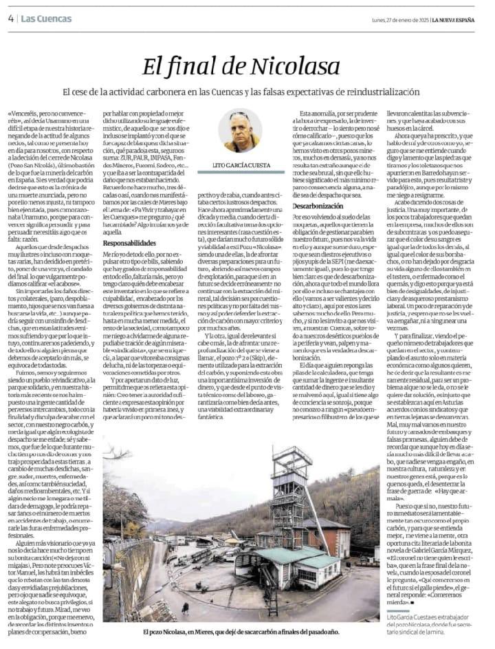 “El final de Nicolasa”, artículo de nuestro compañero Lito García Cuesta en <a href="/lanuevaespana/">La Nueva España</a> , reflexiona sobre el cierre del Pozo Nicolasa y el reto de la reindustrialización en las Cuencas.
Seguimos luchando por una transición justa y un futuro digno para nuestra tierra. 👷‍♀️⚒️