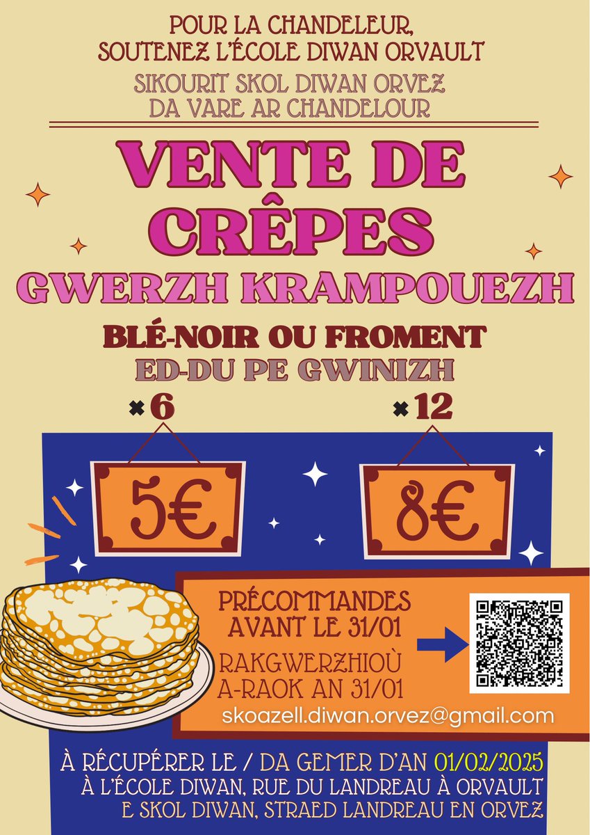 Pour la chandeleur, soutenez l'école Diwan d'#Orvault : vente de crêpes à récupérer samedi 1er février !

Sikourit skol #Diwan #Orvez da vare ar chandelour : gwerzh krampouezh da gemer d'ar Sadorn 1añ a viz C'hwevrer !

👉 helloasso.com/associations/k…

#BZHG #LangueBretonne #Brezhoneg