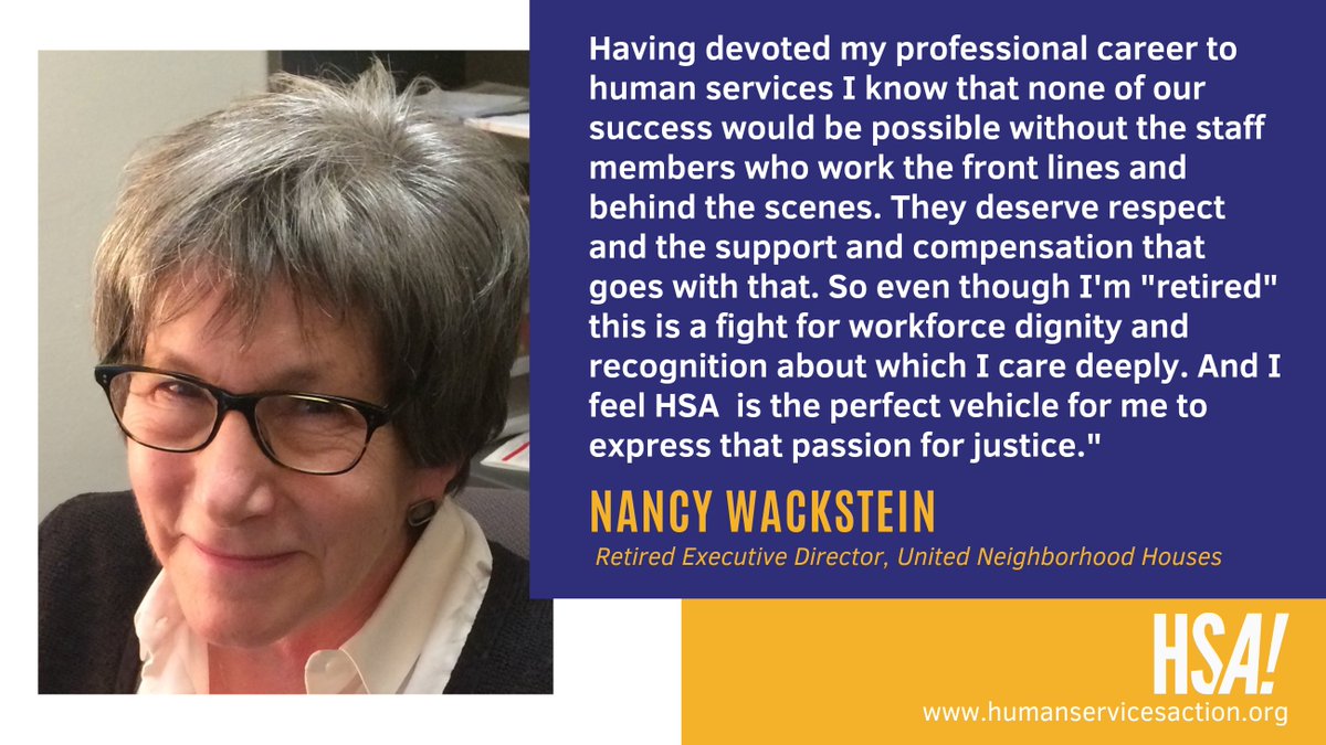 We're glad to introduce you to Nancy Wackstein, retired Executive Director of <a href="/UNHNY/">UNHNY</a>! Nancy is bringing a history of leadership to her work as an HSA Board Member. Read what she has to say about the importance of HSA's work, then join our movement at humanservicesaction.org 👇