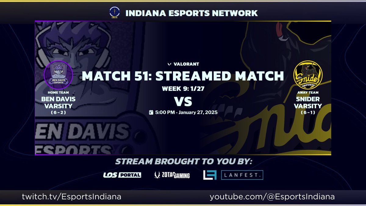 Indiana Esports Network (@esportsindiana) on Twitter photo We're starting off Week #3 with a bang! It's <a href="/EsportsBen/">Ben Davis Esports</a> vs <a href="/Snider_Esports/">Snider High School Esports</a> in Div. AAA Valorant. These two teams are looking for a top playoff spot! Who will take home the win tonight? Tune in and find out! Thanks to: <a href="/ZOTAC_USA/">ZOTAC USA</a> | <a href="/LANFESTgames/">LANFEST</a> | <a href="/League_OS/">LeagueOS</a> We're starting off Week #3 with a bang! It's <a href="/EsportsBen/">Ben Davis Esports</a> vs <a href="/Snider_Esports/">Snider High School Esports</a> in Div. AAA Valorant. These two teams are looking for a top playoff spot! Who will take home the win tonight? Tune in and find out! Thanks to: <a href="/ZOTAC_USA/">ZOTAC USA</a> | <a href="/LANFESTgames/">LANFEST</a> | <a href="/League_OS/">LeagueOS</a>