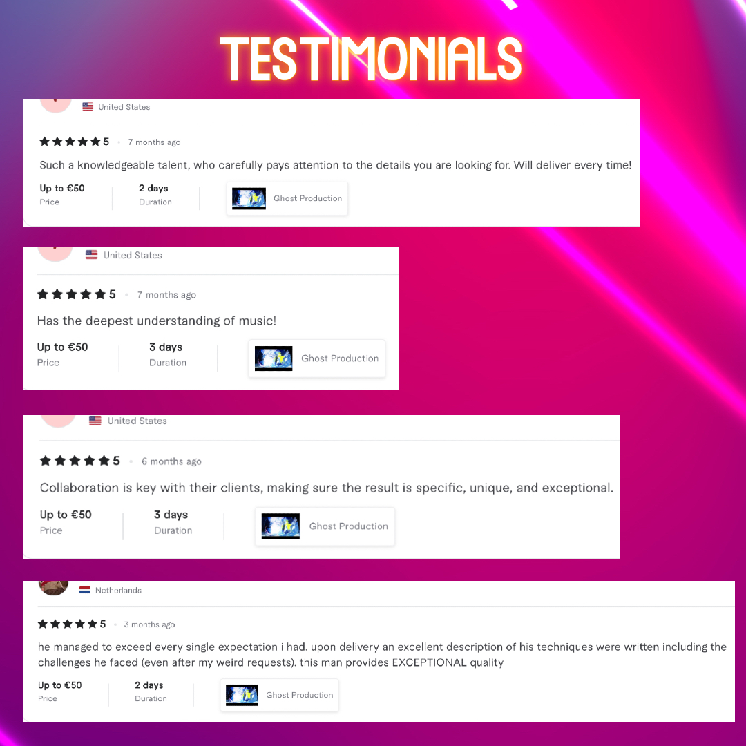 🎶 Real Stories, Real Results! 🎶
Here’s what my amazing clients are saying about my ghost production services! 🌟

Whether you need a track to kickstart your career, complete your EP, or elevate your sound, I’ve got you covered. 💯

👻 Let me help bring your ideas to life !🚀