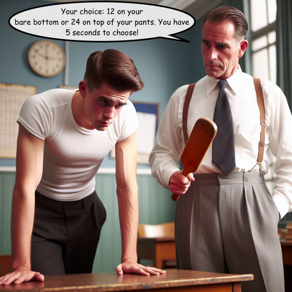 And if David doesn't choose in five seconds, he's getting 24 paddle swats on his bare bottom.
#mmspanking #teacher #student #cp #paddling