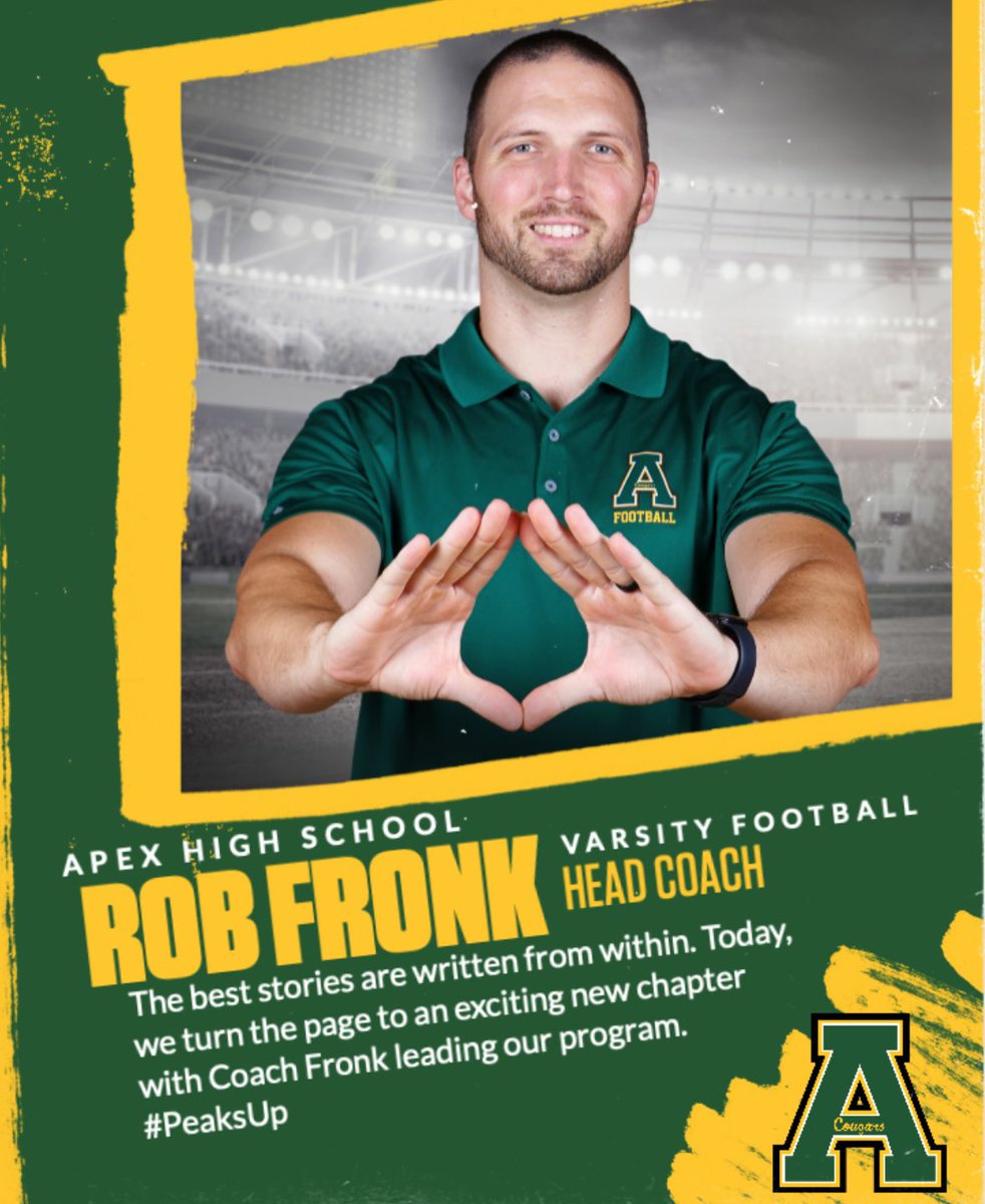 We’re thrilled to announce Rob Fronk as the new Apex Varsity Football Coach! 🏈 A former Cougar &amp; current offensive coordinator, Coach Fronk is ready to lead us in to the future while honoring the many yrs of Apex Football tradition. He represents the PEAK of Great Athletics.