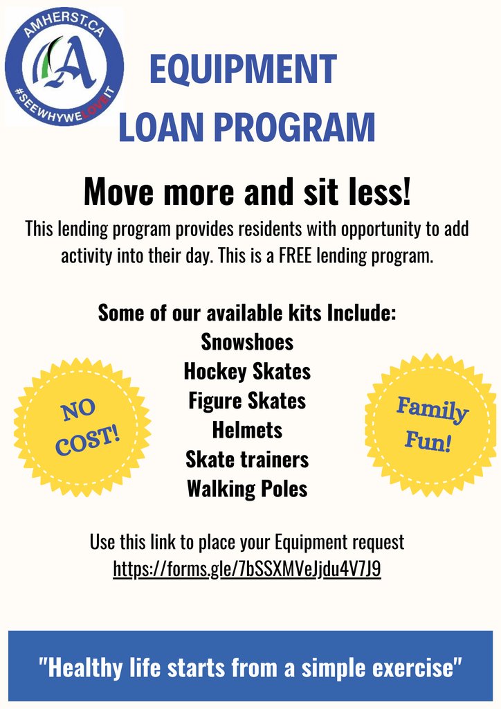 Move more and sit less! This is a FREE lending program. Snowshoes, Hockey Skates, Figure Skates, Helmets, Skate trainers, Walking Poles. Use this link to place your request: forms.gle/7bSSXMVeJjdu4V…
