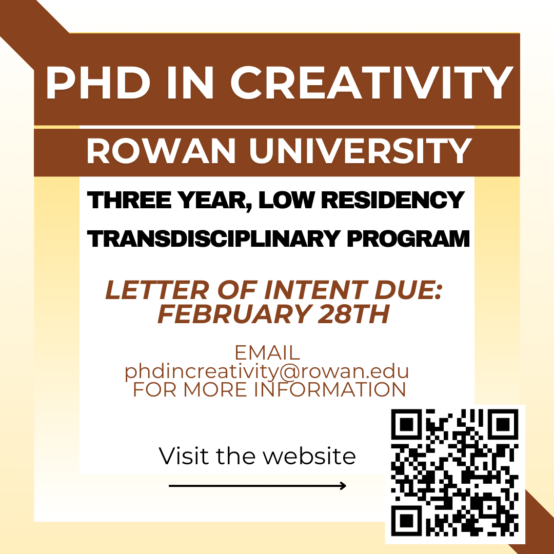 Edelman CCCA (@rowanccca) on Twitter photo Rowan's new three-year, low-residency PhD in Creativity program empowers students to think innovatively about their research questions and tackle complex problems with a fresh perspective.๐๐ค๐โ๏ธ๐ผ๏ธ๐ฆ#RowanPROUD #RowanCCCA #RowanUniversity #PhDinCreativity
ccca.rowan.edu/phdincreativitโฆ Rowan's new three-year, low-residency PhD in Creativity program empowers students to think innovatively about their research questions and tackle complex problems with a fresh perspective.๐๐ค๐โ๏ธ๐ผ๏ธ๐ฆ#RowanPROUD #RowanCCCA #RowanUniversity #PhDinCreativity
ccca.rowan.edu/phdincreativitโฆ