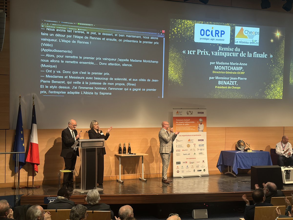 OCIRP's tweet photo. 🏆Remise du 1er prix, vainqueur de la finale par @mamontchamp
💬" Ce soir, ce que nous célébrons c’est une certaine idée de modèle sociale français qui s’inscrit dans une tradition à l'image de cette filière d’excellence."
#EngagésPourlAutonomie #CapHandicook #Inclusion https://t.co/uXnRtqyyRi