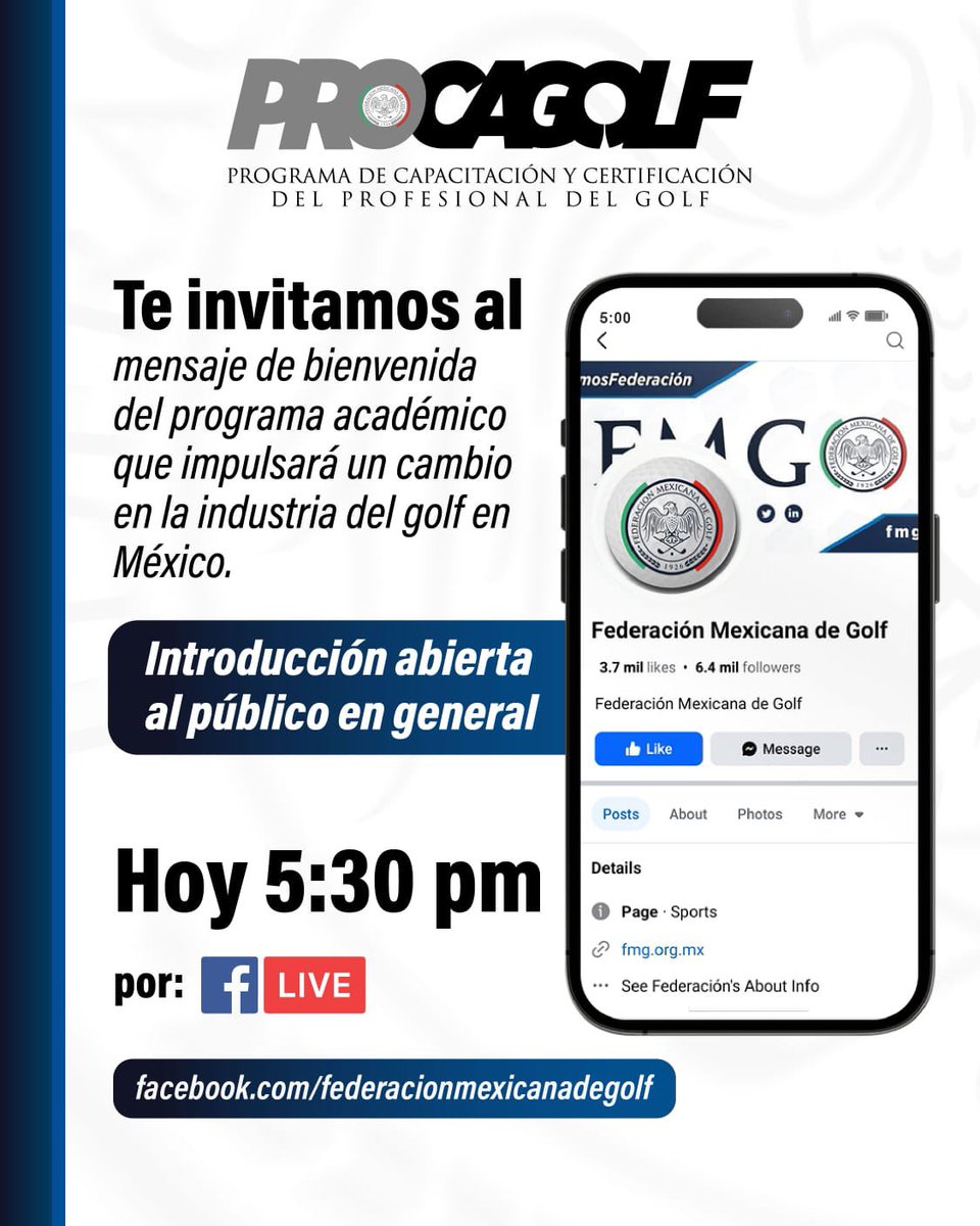 Hoy tendremos la bienvenida a PROCAGOLF, el programa académico que cambiará la industria del golf en México. 

¡No te pierdas del evento online a través de nuestro Facebook Live!

#TodosSomosFederación