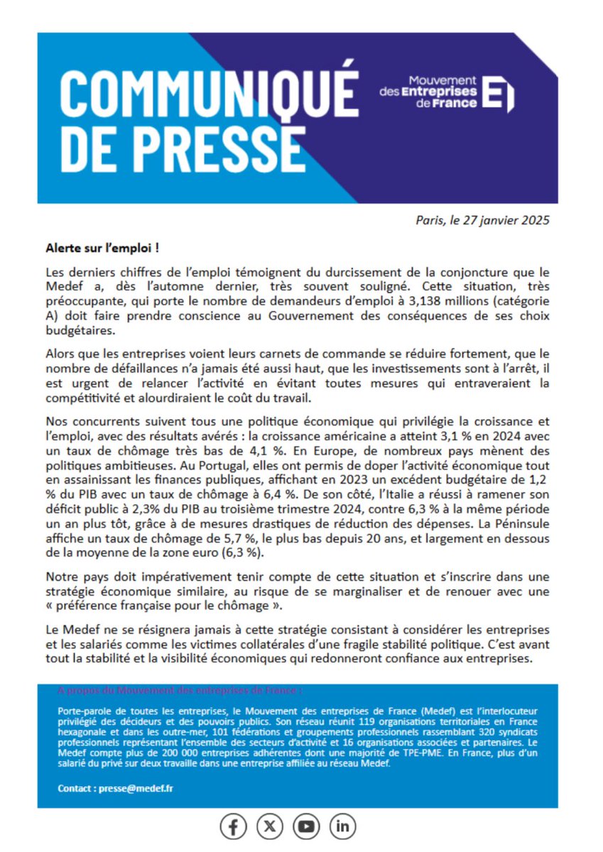 Le <a href="/medef/">Mouvement des Entreprises de France</a> ne se résignera jamais à cette stratégie consistant à considérer les entreprises et les salariés comme les victimes collatérales d’une fragile stabilité politique.

De compromis en renoncements, notre pays risque de décrocher d’un continent déjà en difficulté !