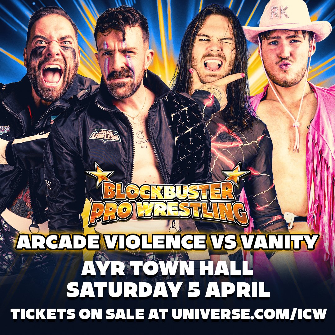 Ayrshire's own Arcade Violence will face the debuting Vanity at Ayr Town Hall on Saturday 5 April!

🎟️universe.com/icw