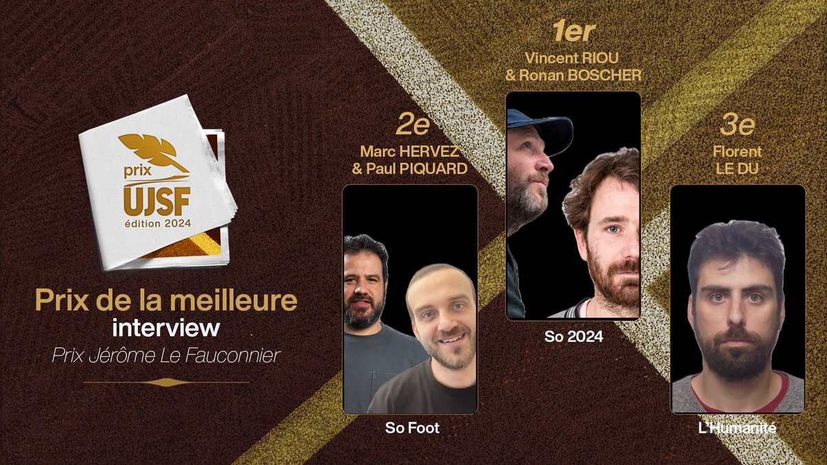 UJSFoff's tweet photo. 🏆LE PODIUM DE LA MEILLEURE INTERVIEW (PRIX JÉRÔME LE FAUCONNIER)

🥇@LeCrom et Vincent RIOU (@sofoot)
🥈@MarkTheUgly et Paul PIQUARD (@sofoot )
🥉@Florent_LeDu (@humanite_fr) https://t.co/riWj7NjLNM