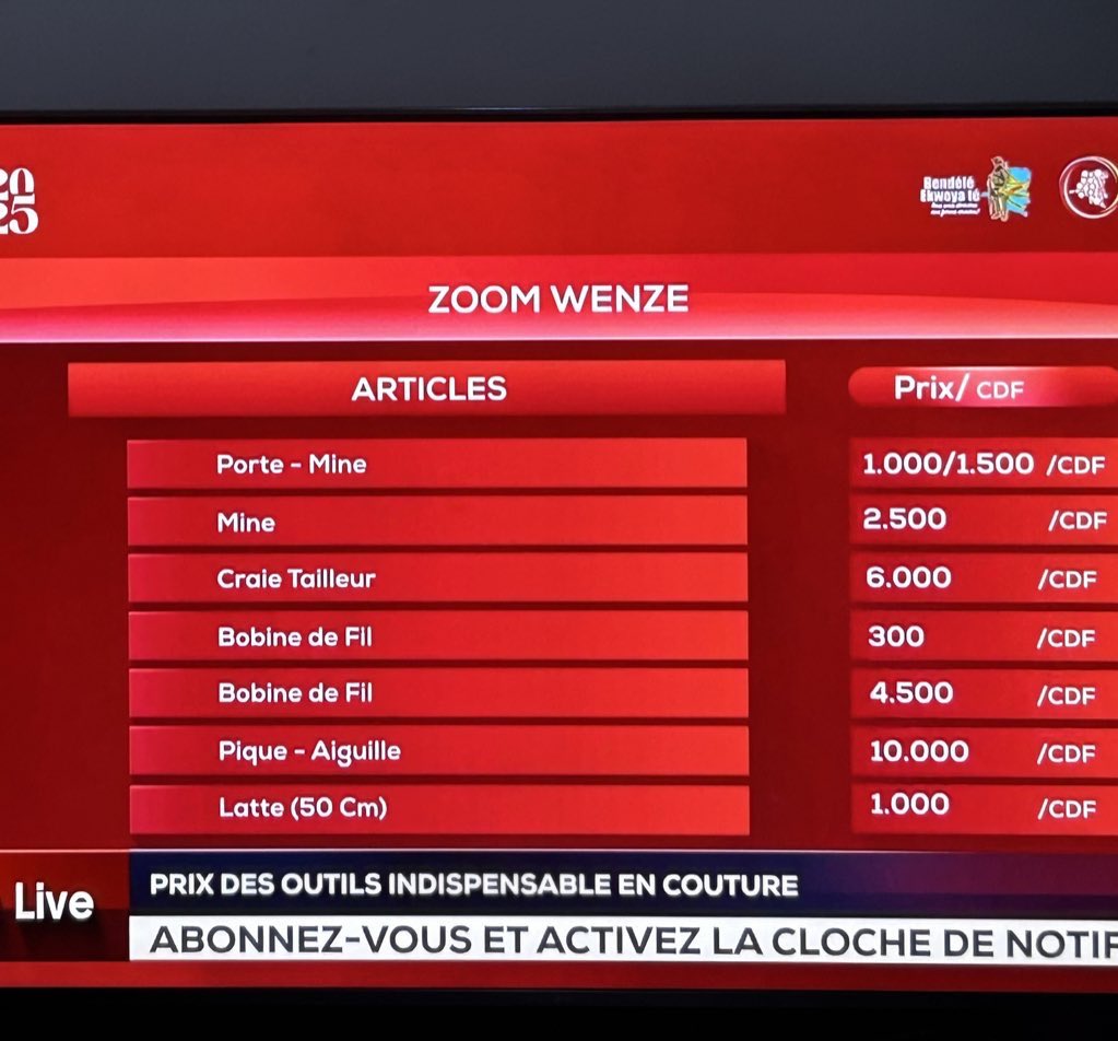 KetsiaPassou's tweet photo. Alors que nous essayons d’avoir des nouvelles de nos proches injoignables, que nos inquiétudes accroissent et que les fausses informations se multiplient. La #rtnc ne fait montions d’aucune information. Le prix des outils de couture semble être plus important. @PatrickMuyaya https://t.co/rHZVsdEhKy