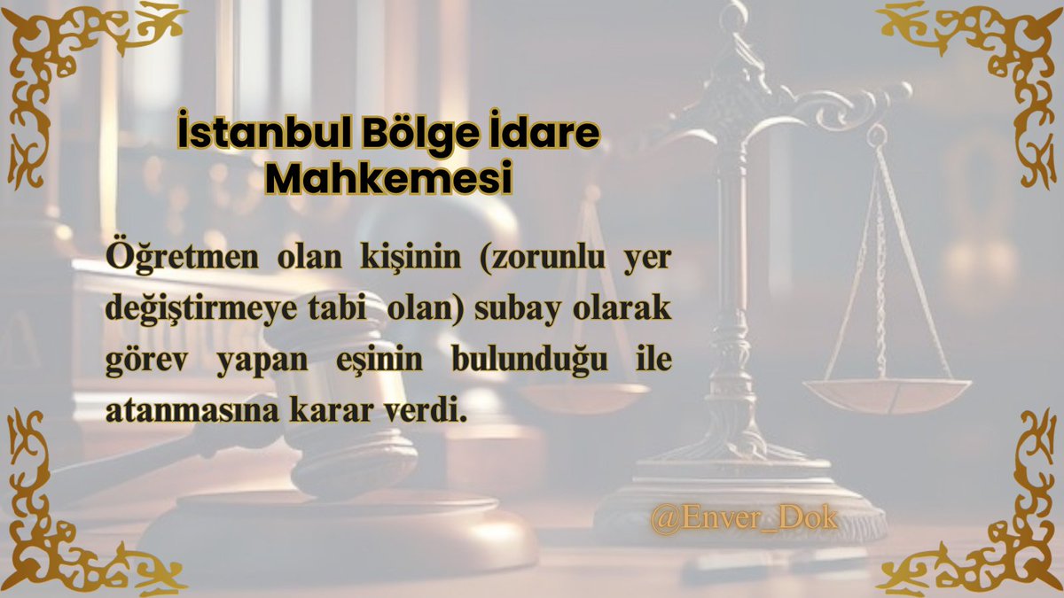 İstanbul Bölge İdare Mahkemesi E:2024/1047 sayılı kararında; öğretmen olan kişinin (zorunlu yer değiştirmeye tabi görevlerden birisi olan) subay olarak görev yapan eşinin bulunduğu ile atanmasına karar verdi.

#öğretmen 
#AileYılı 
#ailebirliği