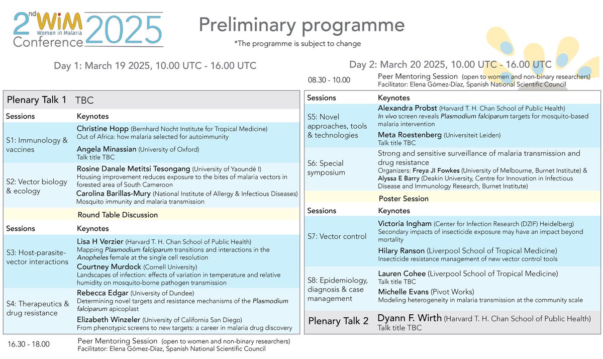 📢The Preliminary Programme for the 2nd WiM Online Conference is out 🥳 🎉

The Early Bird Registration closes Feb 14 2025,  23.59 UTC (50 USD). Fee waivers are available for LMICs &amp; you can also buy fee waivers or donate. Register and apply/donate: womeninmalaria.es/wim-conference/ 💙💛