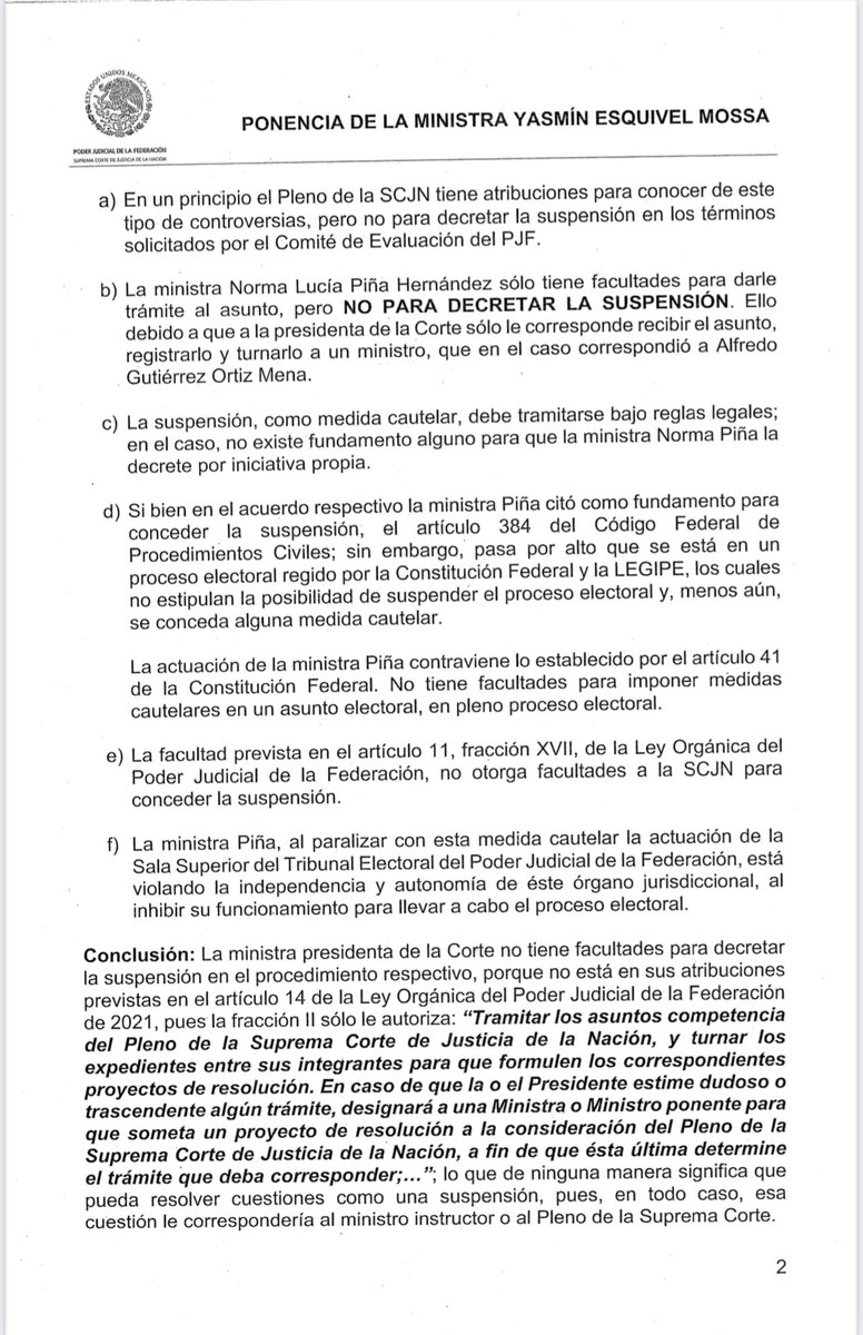 YasminEsquivel_'s tweet photo. La Ministra Norma Piña no tiene facultades para otorgar una medida cautelar en pleno proceso electoral, que busca evitar posibles sanciones al Comité de Evaluación del PJF por incumplir una sentencia del Tribunal Electoral del Poder Judicial de la Federación (TEPJF), ya que carece de fundamento legal. Es esencial que la Ministra Presidenta respete la autonomía y las facultades de los órganos jurisdiccionales, permitiendo que el proceso electoral continúe en pleno apego a la Constitución y las leyes que rigen nuestro sistema democrático.
