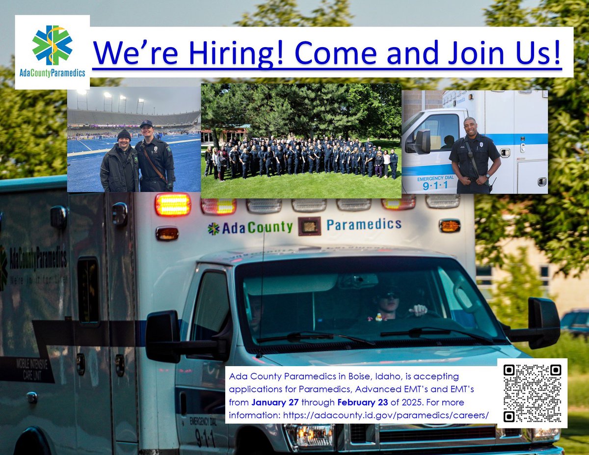 We're hiring! Ada County Paramedics is currently accepting applications for EMT, Advanced EMT, and Paramedic. The application period is open until February 23. For more information: adacounty.id.gov/paramedics/car…