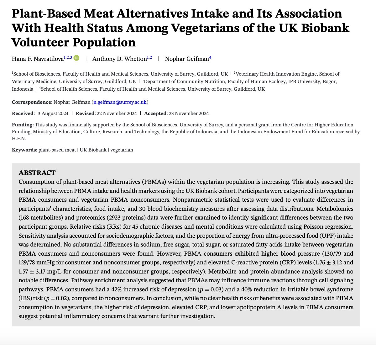 Vegetarians who consumed plant based meat alternatives had a 42% increased risk of depression compared to vegetarians who did not consume them.

Stay away from the fake meat.