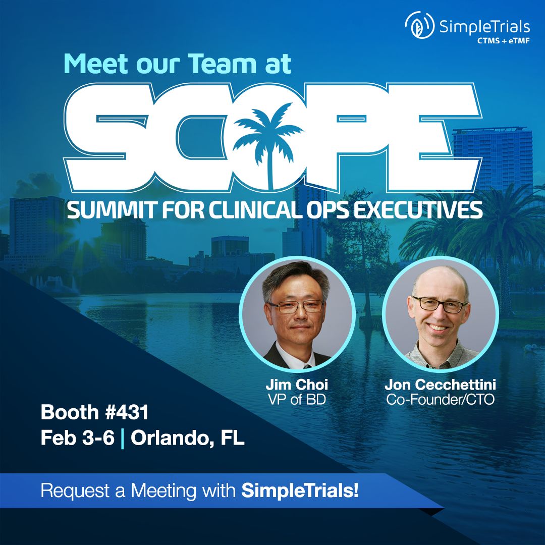 Come say Hi to SimpleTrials at booth #431 during #SCOPE2025 in Orlando, Feb 3-6! Let's discuss how we're helping streamline modern clinical trials. Schedule a meeting: buff.ly/3TubVYC #ClinicalOperations #BioTech #eTMF #ClinicalTrials #Pharma #MedicalDevice #SCOPEsummit